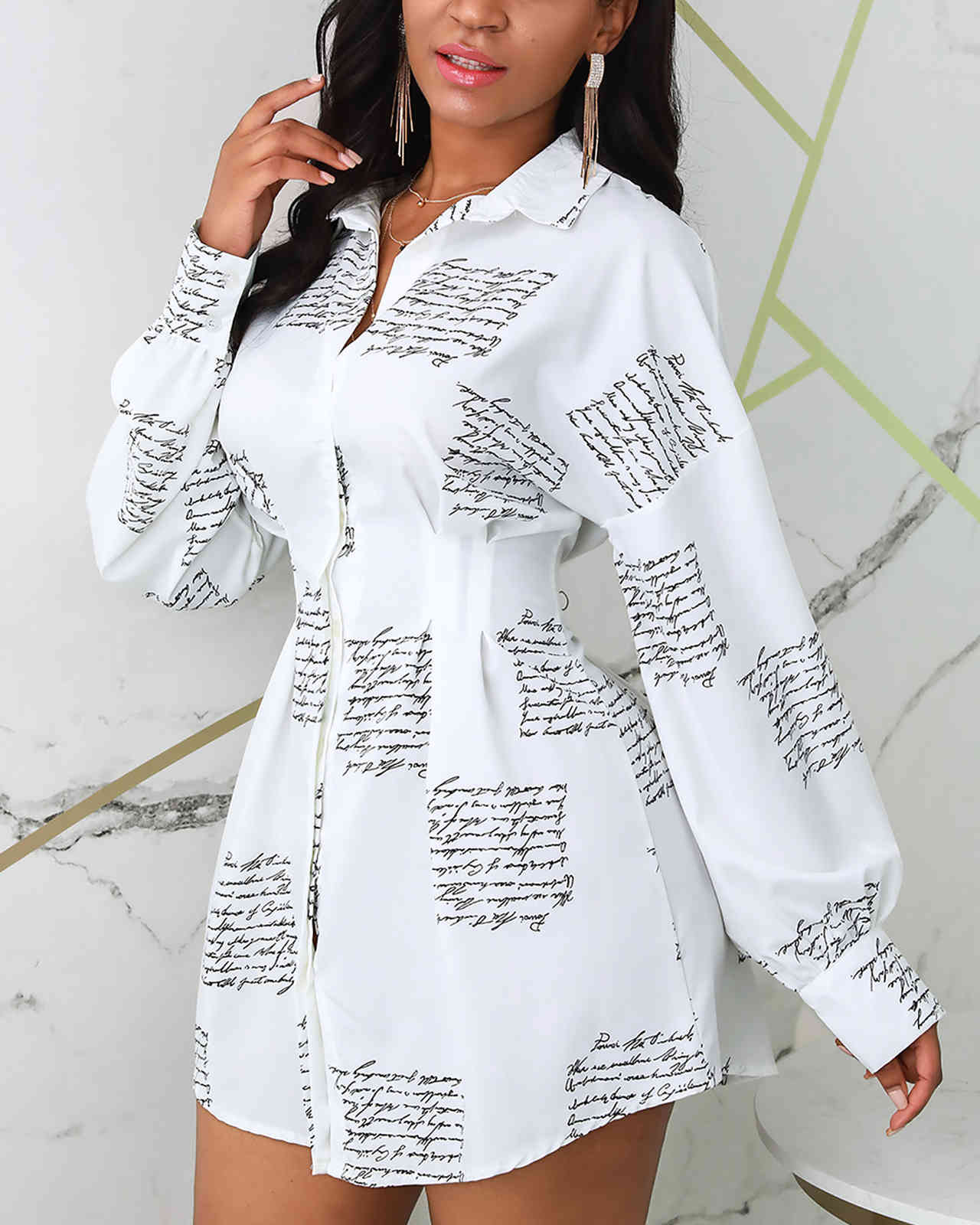 Spring Summer Letter Print Shirt Dress Casual Femme Tight Waist Dress Office Ladies Long Sleeve Outfits Ladies New Vestido 210415