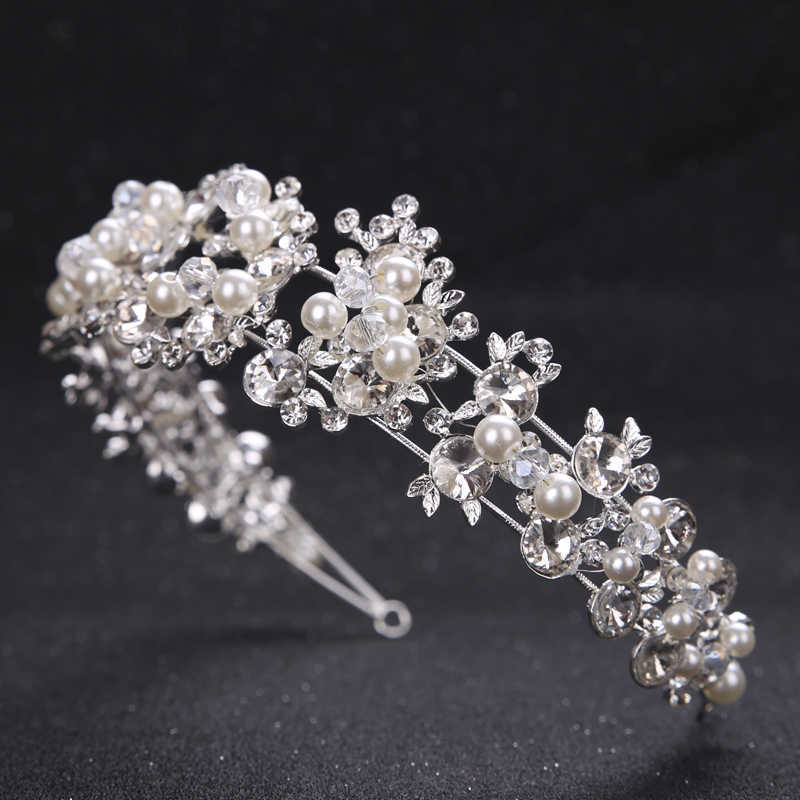 Crystal Pearl Flower Bride Headbands Women Silver Color Princess Wedding Hair Jewelry Tiara bands Accessories Crown 210707