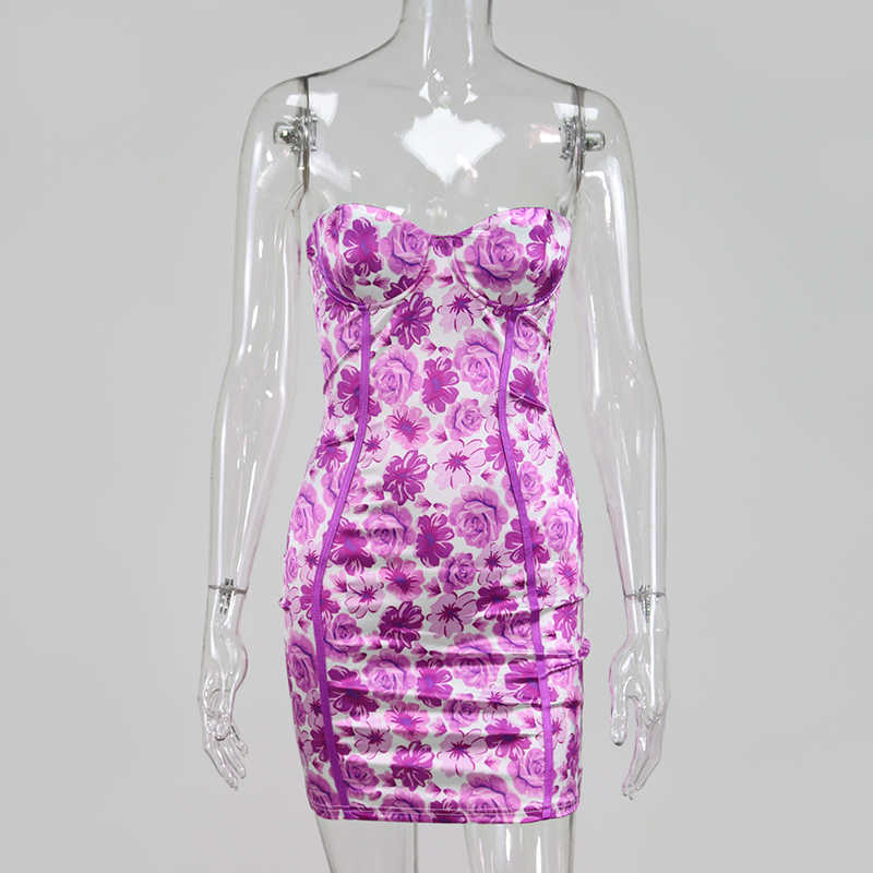 Colysmo Strapless Party Dresses Women Push Up Padded Floral Print Satin Summer Sexy Bodycon Mini Yellow Purpe 210527