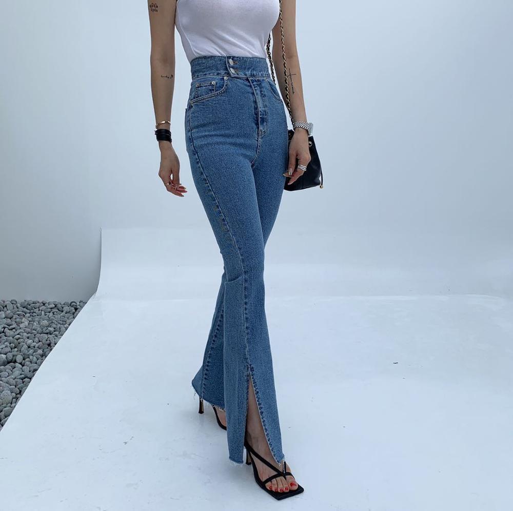 Vintage Work High Waist Flare Pants Women OL Skinny Denim Arrival Autumn Spring Jeans Trousers Femme 210421