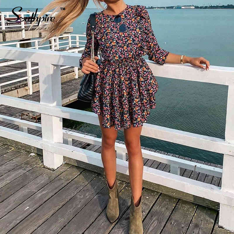 Southpire O-Neck A-Line Black Flower Print Vintage Dress Women Long Sleeve Ruffle Mini Party Dress Casual Daily Clothes Fashion 210409