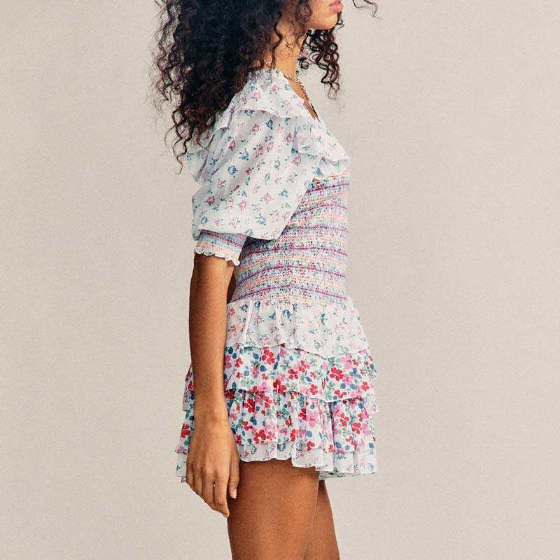 Boho Inspired mixed floral prints ruffled party dress puff sleeve square neck smocked sexy laides mini chic summer 210623