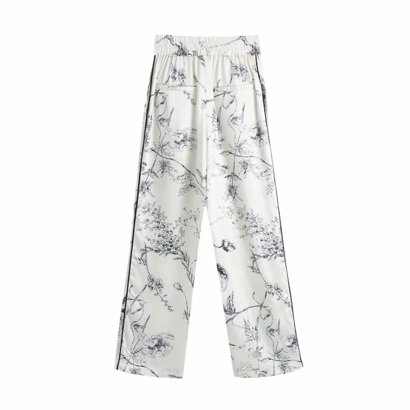 Spring Women Flower Printing Edge Piping Straight Pants Casual Lady Elastic Waist Loose Trousers P1982 210430
