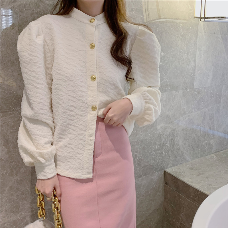 Nomikuma Women Blouse Causal Puff Sleeve Stand Neck Shirt Korean Single Breasted Blusas Femme Spring New Tops 6D976 210427