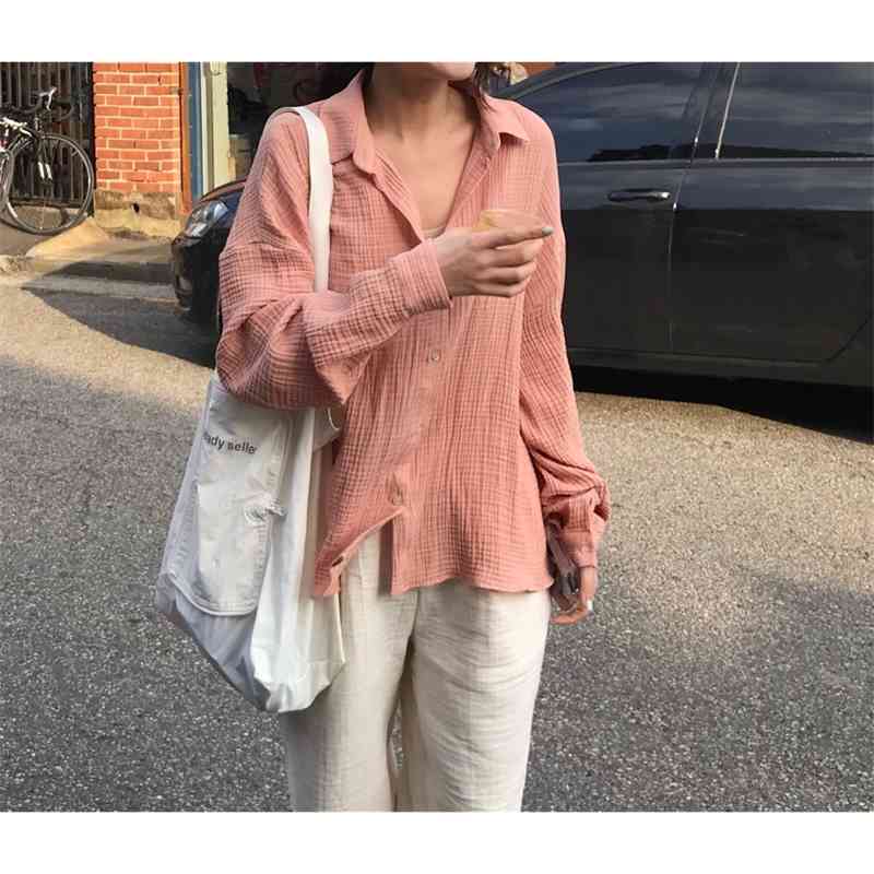 Korea Chic Cotton Lapel Irregular Loose Long Sleeve Pink Shirt Turn-down Collar Womens Tops Blouses 210615Z