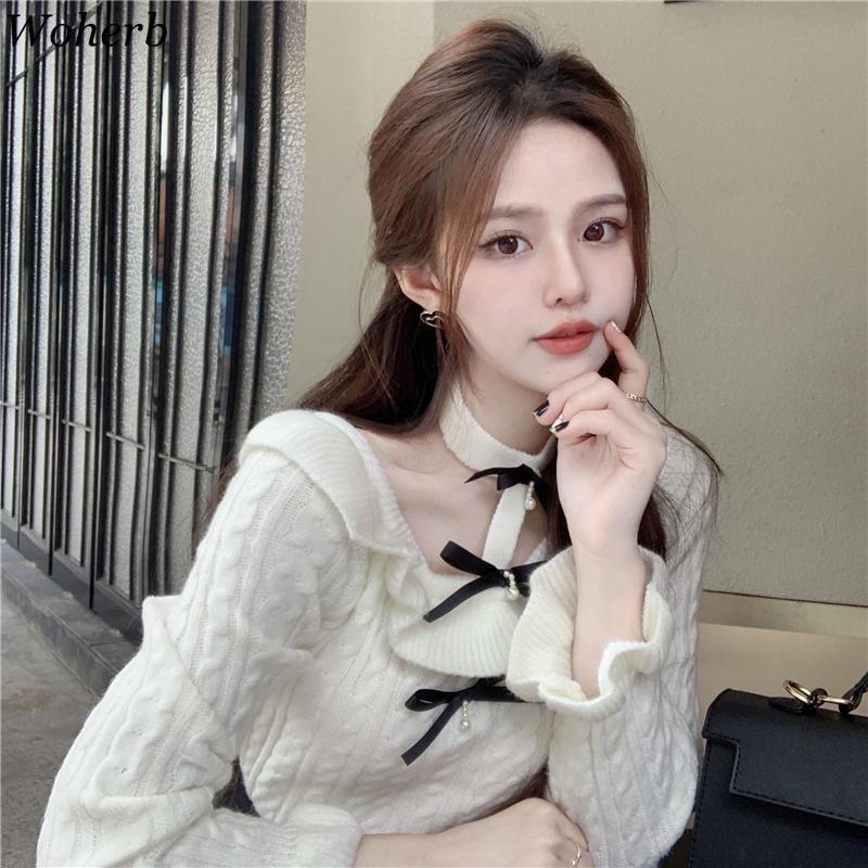Women's Sweaters Woherb Fall 2021 Women Clothes Sweet Woman Tops Chic Bow O-neck Halter Knitted Pullovers Korean Fashion Ruffles Jumper, White
Women's Sweaters Woherb Fall 2021 Women Clothes Sweet Woman Tops Chic Bow O-neck Halter Knitted Pullovers Korean Fashion Ruffles Jumper, White