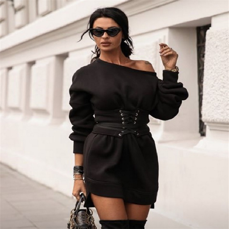 Dresses Woman Winter Sexy Party Night A-line Black Long Sleeve Female Elegant Waist Bodycon Belt Women 210428