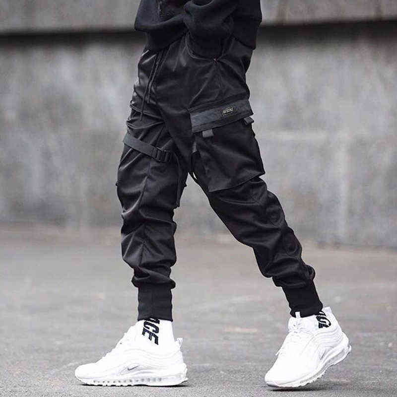 Hip Hop Cargo Pants Pockets Men Streetwear Harajuku Joggers Pants HipHop Swag Ribbion Harem Pants Fashion Casual Trousers 211112
