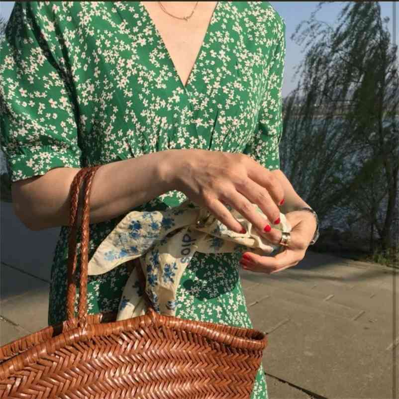 Women Summer Dress Elegant V Neck Flower Long Green Short Sleeve High Waist A-line Midi es French Style 14542 210510