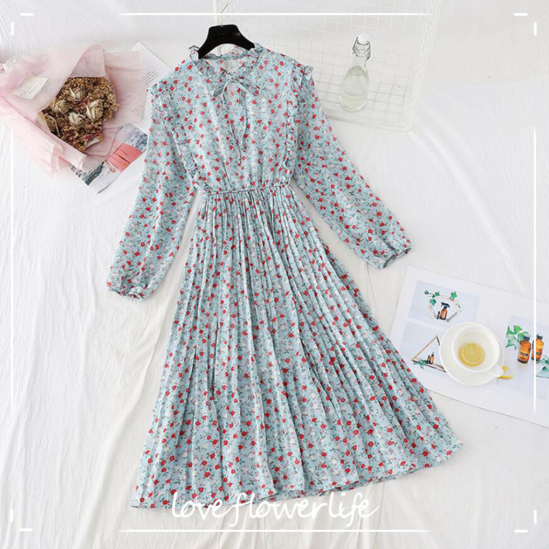 Spring Vintage Floral Print Women Dress Elastic Waist Ruffle Chiffon Long Sleeve A Line Dress O Neck Summer Beach Vestidos 210521, Floral 3 
Spring Vintage Floral Print Women Dress Elastic Waist Ruffle Chiffon Long Sleeve A Line Dress O Neck Summer Beach Vestidos 210521, Floral 3