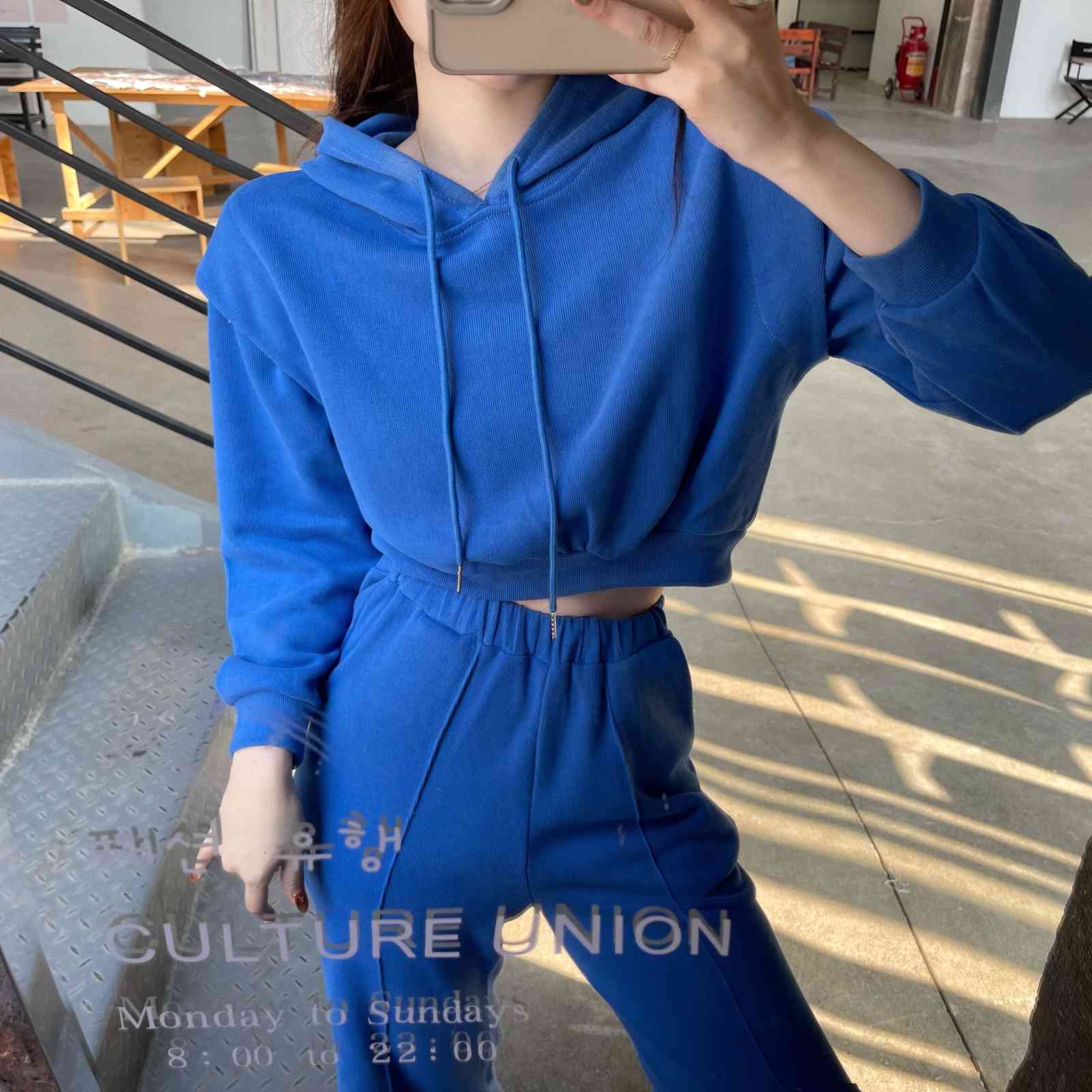 Casual Spring Hoodie Two Piece Set Women Solid Tracksuit Long Sleeve Short Tops And High Waist pants Suit Female 210519