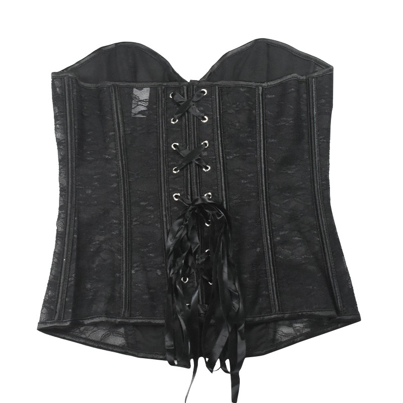 Women Lace and Mesh Overbust Lace-up Bustier Corset Fashion Steampunk Gothic Corselet Plastic Boned XS-3XL White Bridal Gorset