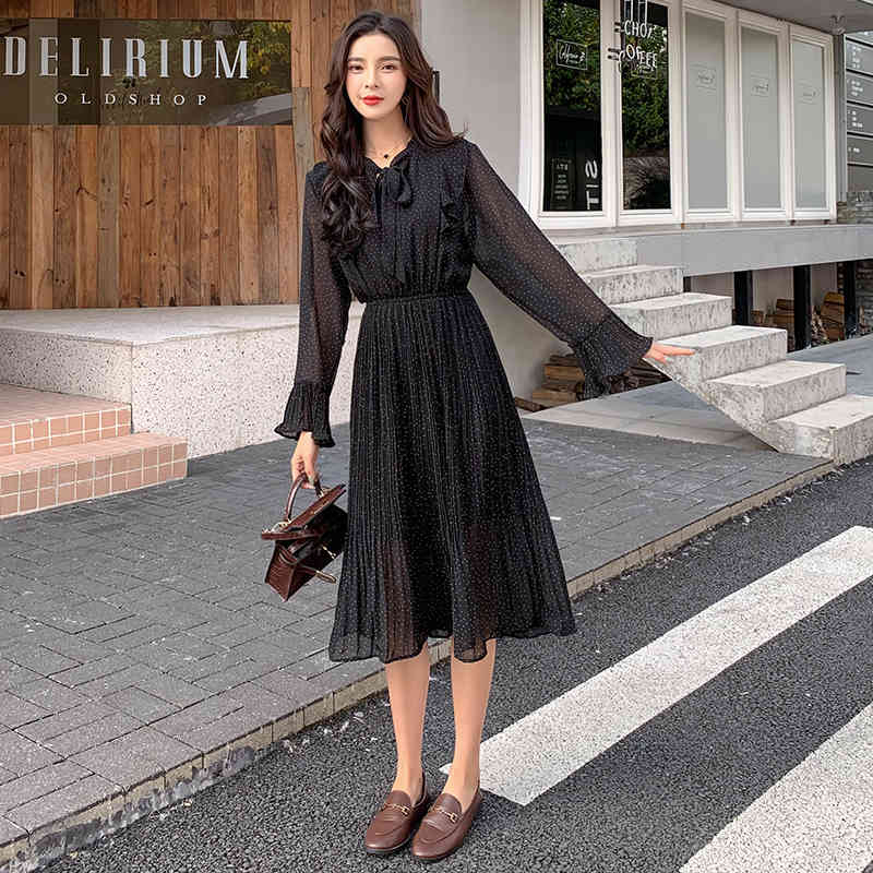 Autumn Women Vintage High Waist Pleated Dress Elegant Polka Dot Chiffon es Black Bow Collar Vestidos 11185 210427