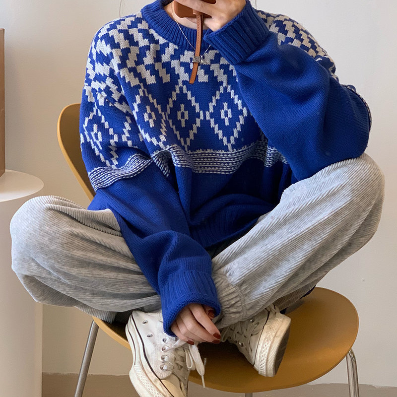 Blue Color-Hit Patchwork Chic Gentle Thicken Christmas Fashion Streetwear Outwear Knitted Vintage Sweaters 210421