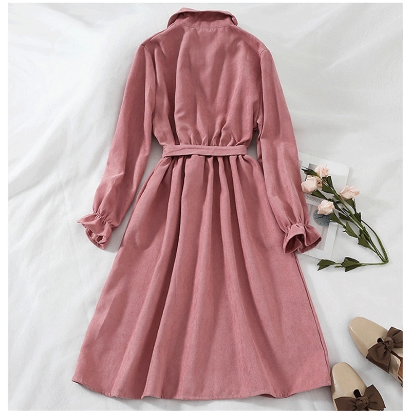 LoveFlowerLife Autumn Women Ladies High Waist A-Line Dress Long Sleeve Vestidos Long Dress Tie Bow with Belt Vintage Dresses 210521