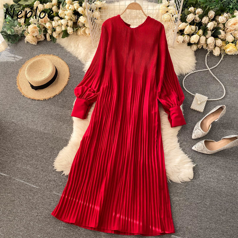 Neploe Chiffon Chic Drawstring Pleated Dresses O-neck Puff Sleeve Loose Beach Style Dress Solid Color Sweet Mid-length Vestidos 210422