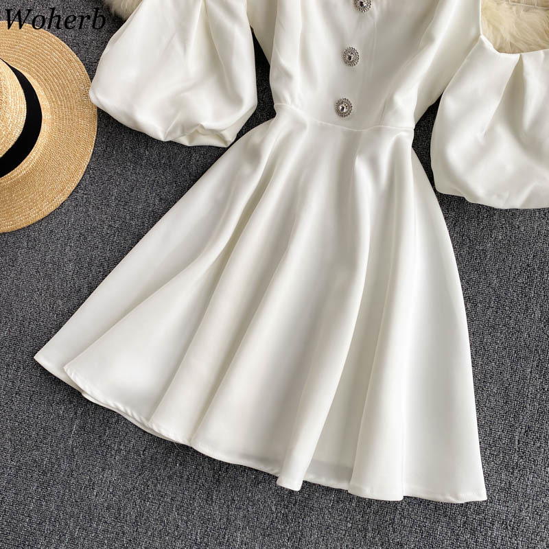 Women Elegant Halter Dress Vestidos Summer Vintage Puff Sleeve A Line Evening Party Dresses Ladies Lace Robe 210519