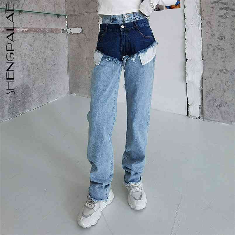 Shorts Wear Two Piece Jeans Women's Spring High Waist Color Contrast Hole Straight Denim Pants Female 5B425 210427