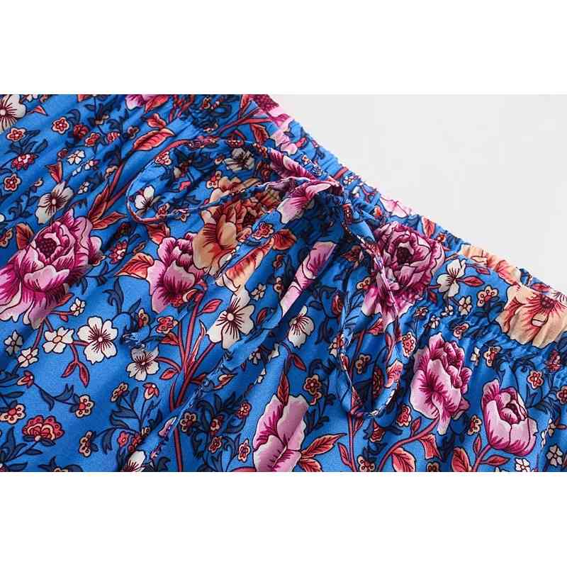 blue green Bohemian Flower Print Long Skirt Stitching Ruched Ruffle Hem Holiday Women Adjust Stream Waist Swing Skirts Beach 210429