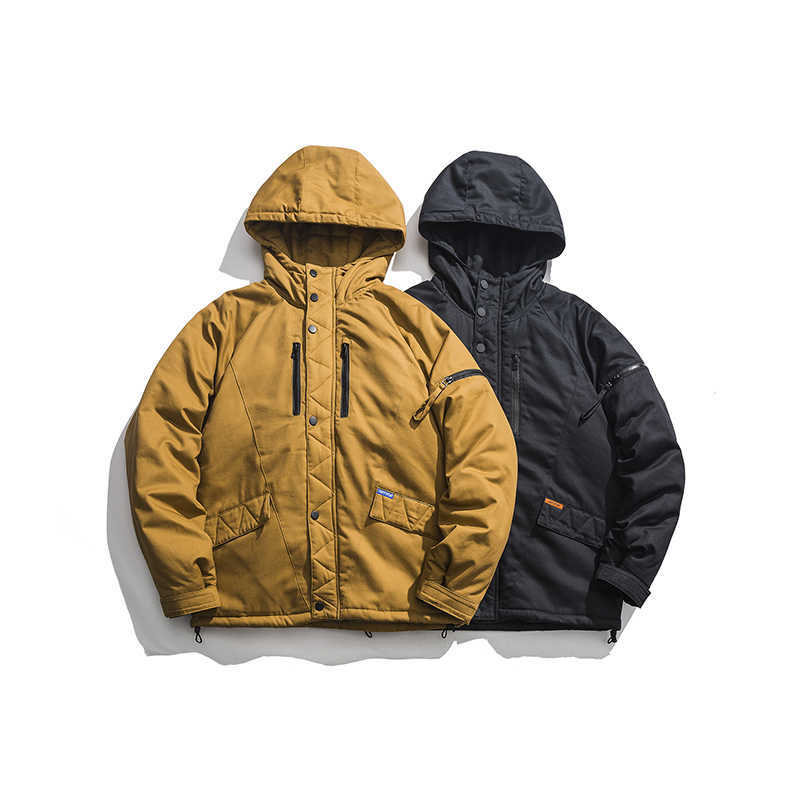 Winter Men Parka Coat Cotton Warm Thick Coat Japan Style Fashion Casual Parka Basic Windproof Hooded Jackets Yellow High Quality 210603
