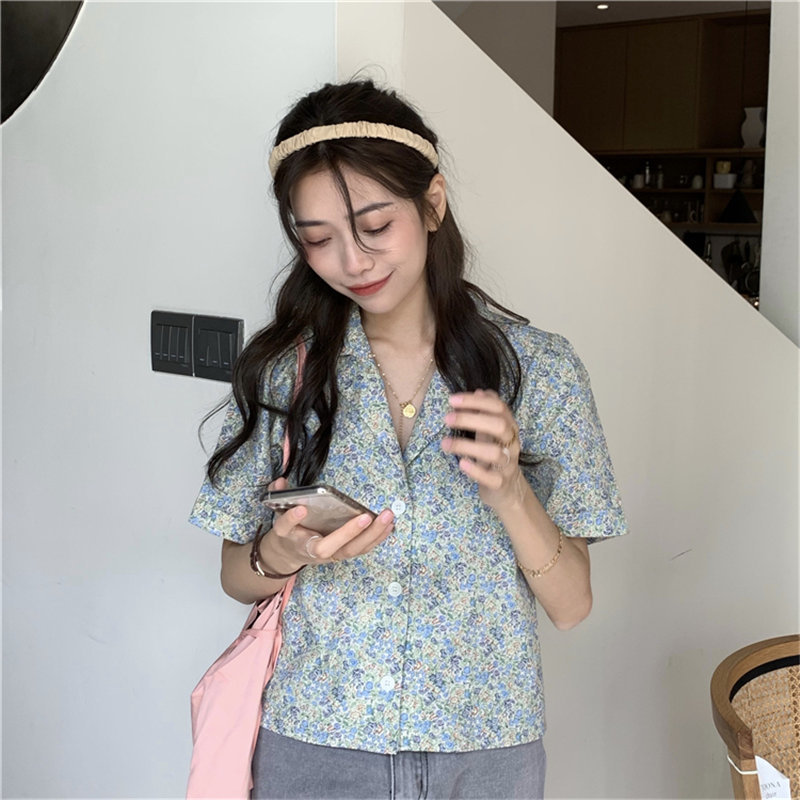 Summer Printed Florals Thin Femme Vintage Prom Retro Girls Short Sleeves Notched All Match Office Lady Shirts 210421