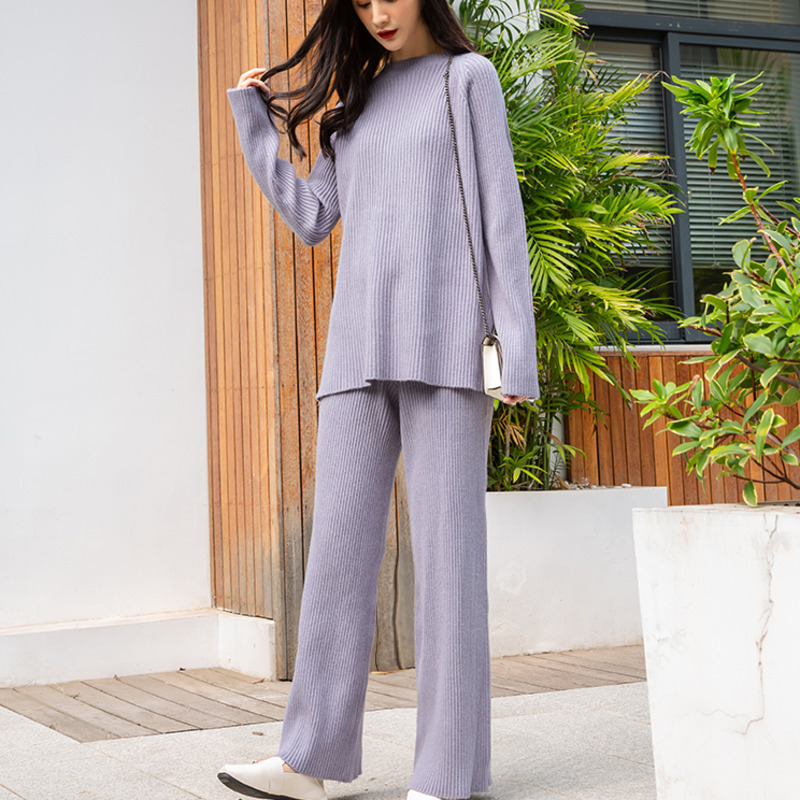 Women's Jumpsuits & Rompers High Quality Spring Autumn Knitted 2 Piece Set Casual Wool Sweater Pullover Top + Wide Leg Pant Tracks