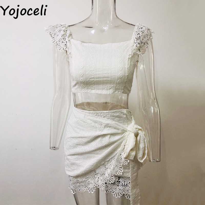 Yojoceli boho beach lace embroidery dres off shoulder croceht 2 pieces set 210609