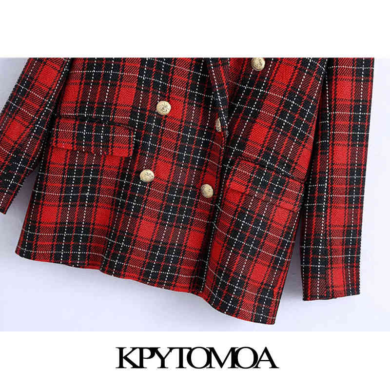 Women Fashion Double Breasted Check Blazer Coat Long Sleeve Pockets Female Outerwear Chic Veste Femme 210420