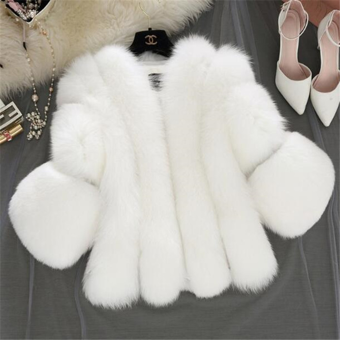 Winter Fashion Artificial Fur Coat Women 3/4 Sleeve Fluffy Faux Fur Short Thick Coats Jacket Furry Party Overcoat For Lady Size S-XXXXL