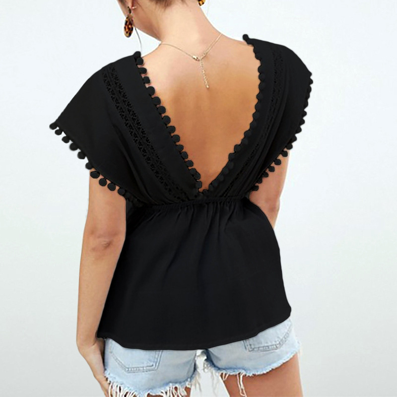 Women Blouse V Neck Sleeveless Lace Top White Shirts Hollow Out Backless Sexy Ladies Tops 3XL Summer 210524