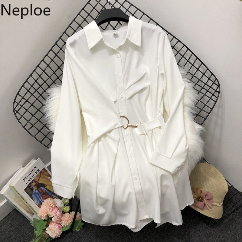 Neploe Chic Turn Down Collar Elegant Shirt Dress Women Spring Fashion Temperament Irregular Mini Dresses Slim Waist Vestidos 210422