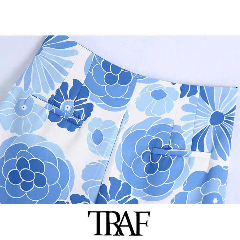 TRAF Women Chic Fashion Side Pockets Floral Print Bermuda Shorts Vintage High Waist Zipper Fly Female Short Pants Mujer 210611
