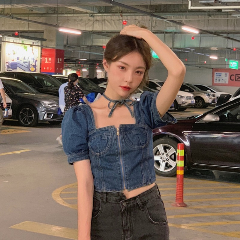 Chic Korean Vintage Shirts & Blouses Square Neck Puff Short Sleeve Zipper Crop Tops Denim Blouse Women Casual Blusas De Mujer 210429