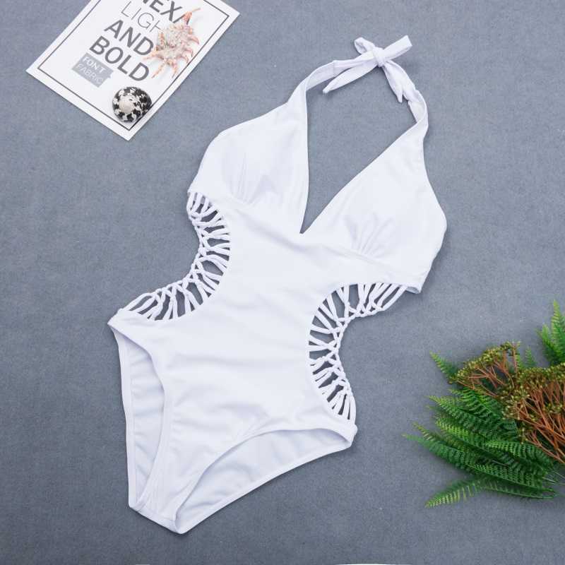 Sexy White Halter Cut Out Bandage Trikini Swim Bathing Suit Monokini Push Up Brazilian Swimwear Women Swimsuit 210625