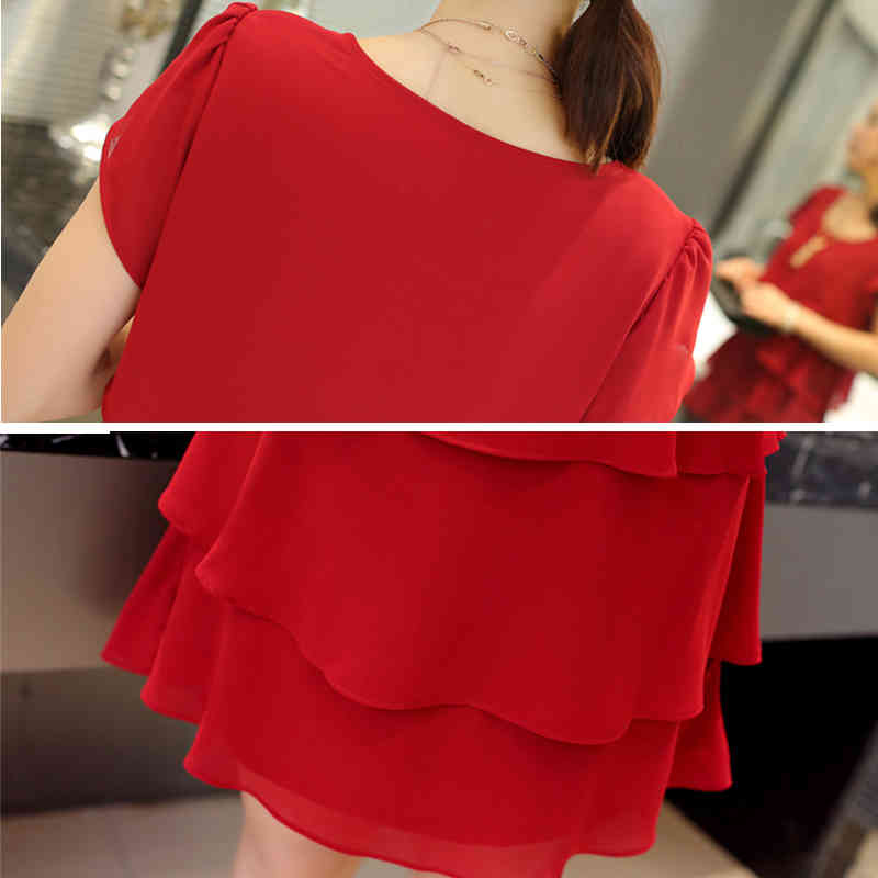 New Women Plus Size 5XL Summer Dress Loose Chiffon Cascading Ruffle Red Dresses Causal Ladies Elegant Party Cocktail Short 210409