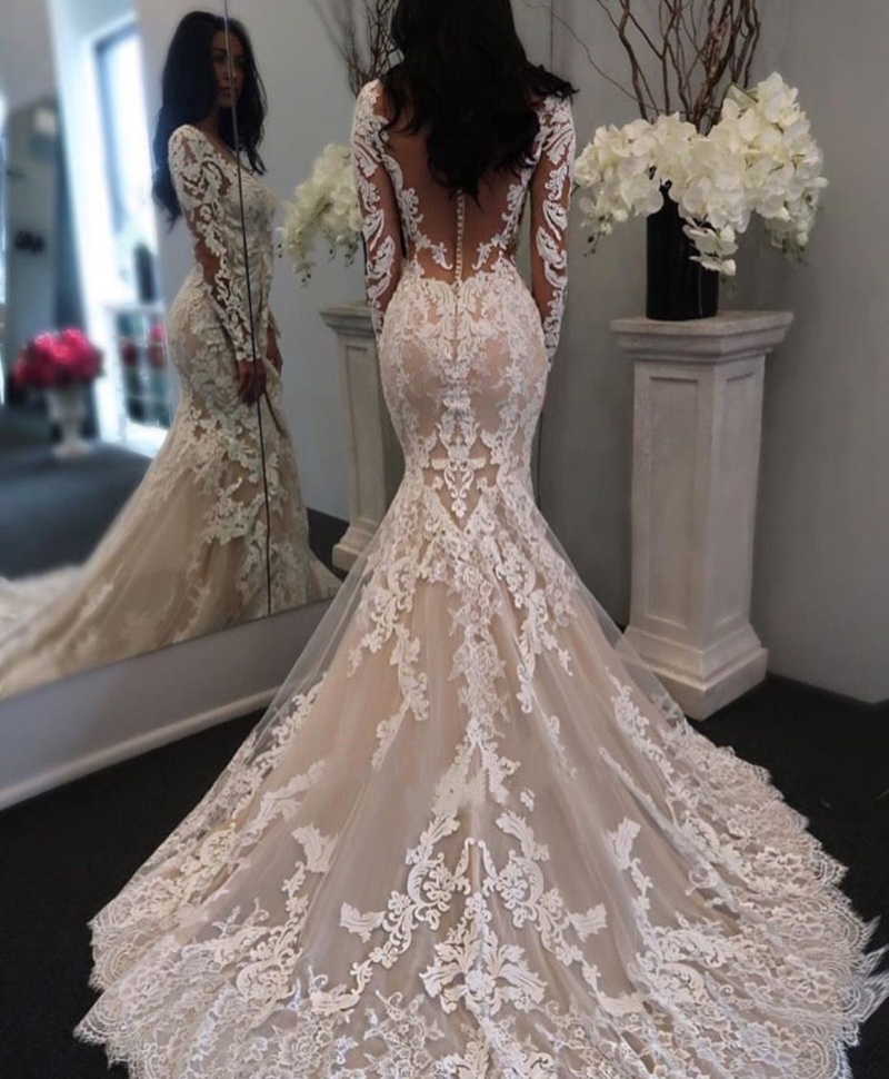 Chic Illusion Long Sleeves Lace Mermaid Wedding Dresses Bride Champagne Tulle Appliques Court Train V Neck Bridal Formal Gowns Button Back Sheer See T