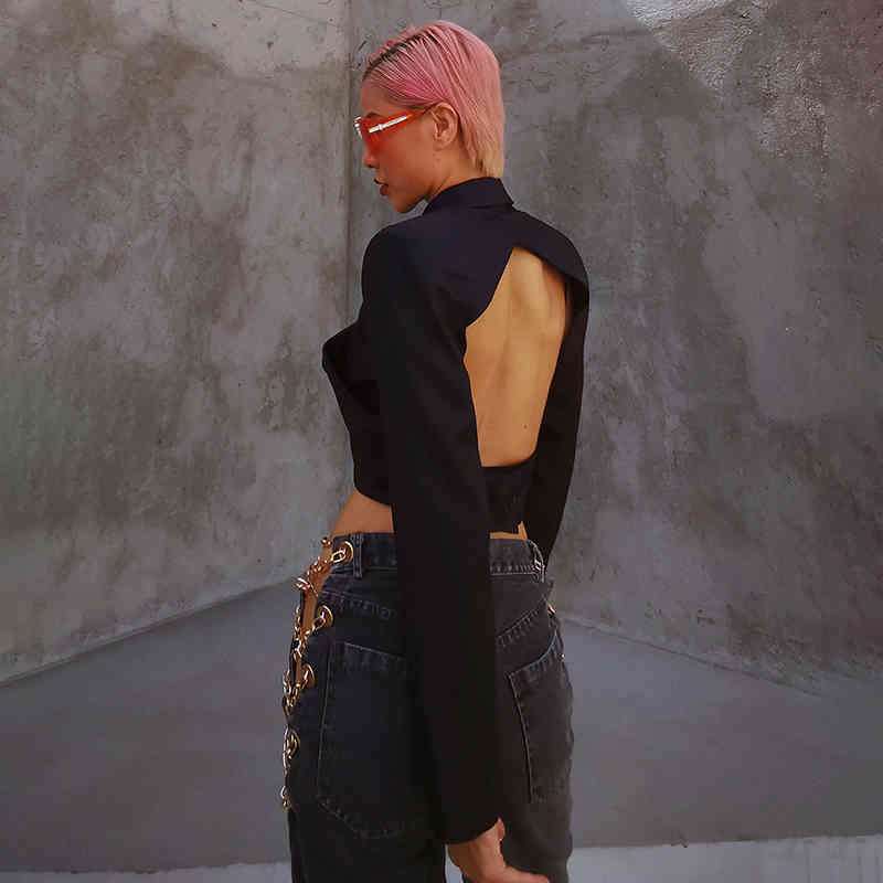 Sexy Black Cross Blazer For Women V Neck Long Sleeve Backless Short Tops Female Autumn Fashion Clothing 210524