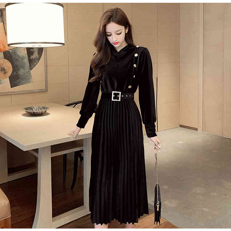 Autumn winter dress women vintage long-sleeved pleated velvet ladies elegant slim A-Line party female belt 210519