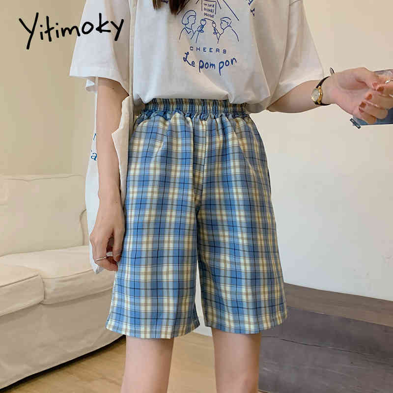 Bermuda Shorts Women Vintage Plaid High Waisted Shorts Woman Summer Blue Black Short Shorts Back Elastic Waist Checkerboard 210408