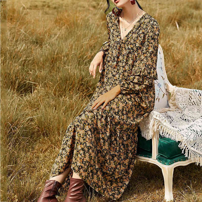 Foridol Floral Print Boho Long Maxi Dress Women V Neck Ruffle Vintage Casual Basic Winter Dresses Loose Dress 210415