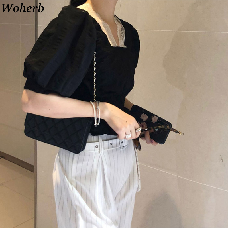 Vintage Women Blouse Lace Patchwork Puff Sleeve Shirts Female Summer Slim Waist Short Blusas Korean Temperament Tops 210519