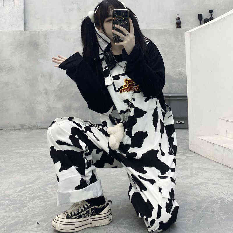 HOUZHOU Hippie Cow Print Jumpsuits Harajuku Patterned Trousers Korean Style Overalls Casual Baggy Wide Leg Pants Spring 211124