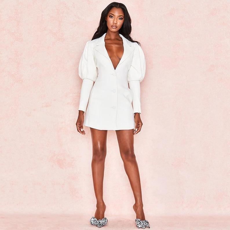 White Flared Sleeve Blazer Dress Suits V Neck Bride Wedding Outfits Leisure Mini Short Evening Party Wear Only One Piece