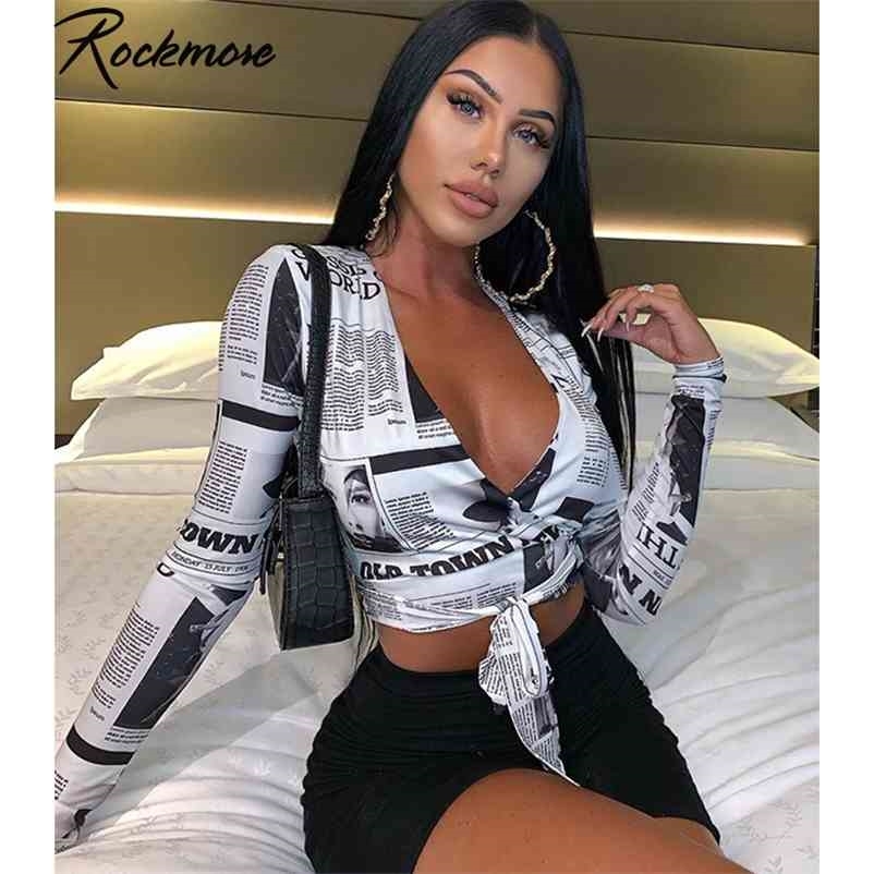 Rockmore Newspaper Letter Print Women T Shirt Deep V-neck Sexy Tees Shirts Long Sleeve Crop Top Streetwear Basic Tshirt Womens 210406