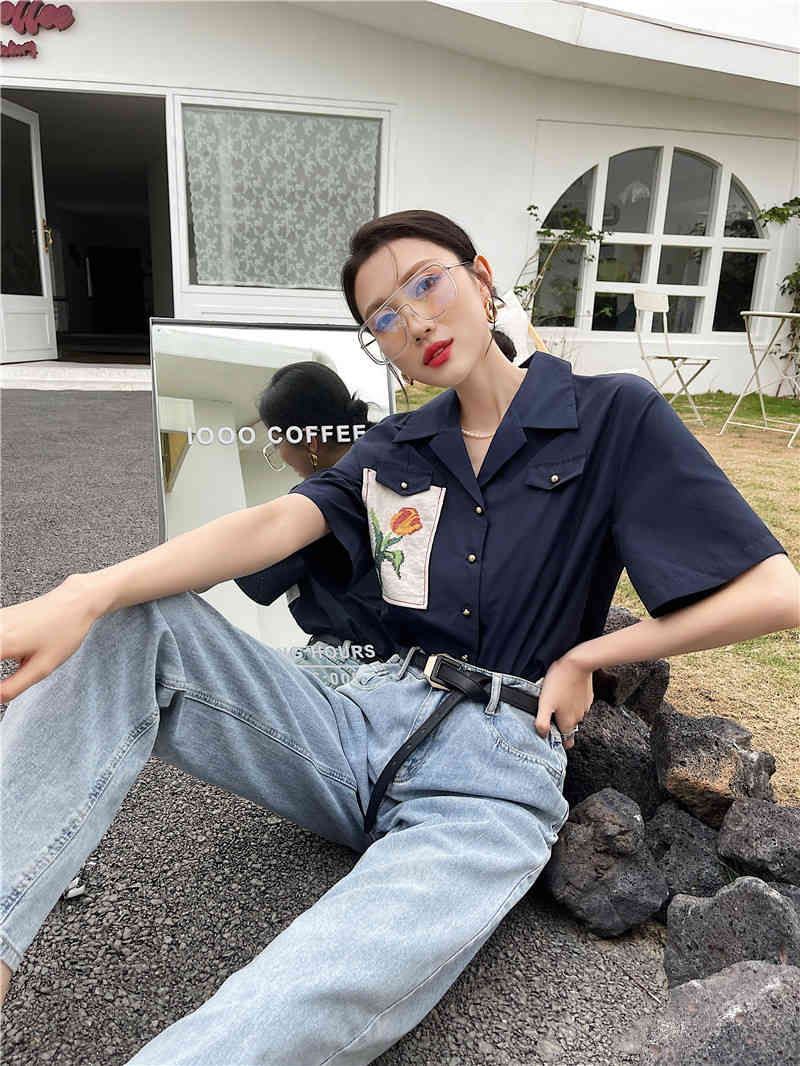 Summer Fashion Royal Blue Shirt Wome Short Sleeve Patch Button Up Collared Lapel Casual Top And Blouse 210427