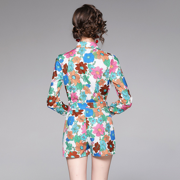 Women's Summer Two Piece Set Vintage Print Bowknot Turn Down Collar Long Sleeve Shirt Top + Casual Short Suit 210519