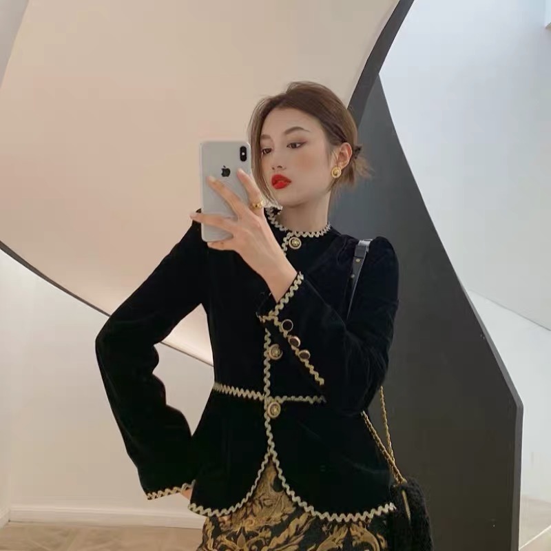 vintage autumn winter two pieces set ruffles single brested buttons black jacket tops printed pencil skirt women sets 210421