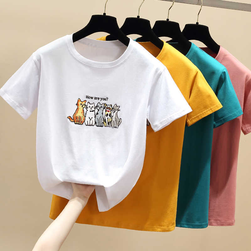 Korean Summer T shirt Women Tops White Tshirt Women Clothes Short Sleeve Cotton Girl Embroidered Animals Tee shirt Femme 210604, Brick red
Korean Summer T shirt Women Tops White Tshirt Women Clothes Short Sleeve Cotton Girl Embroidered Animals Tee shirt Femme 210604, Brick red