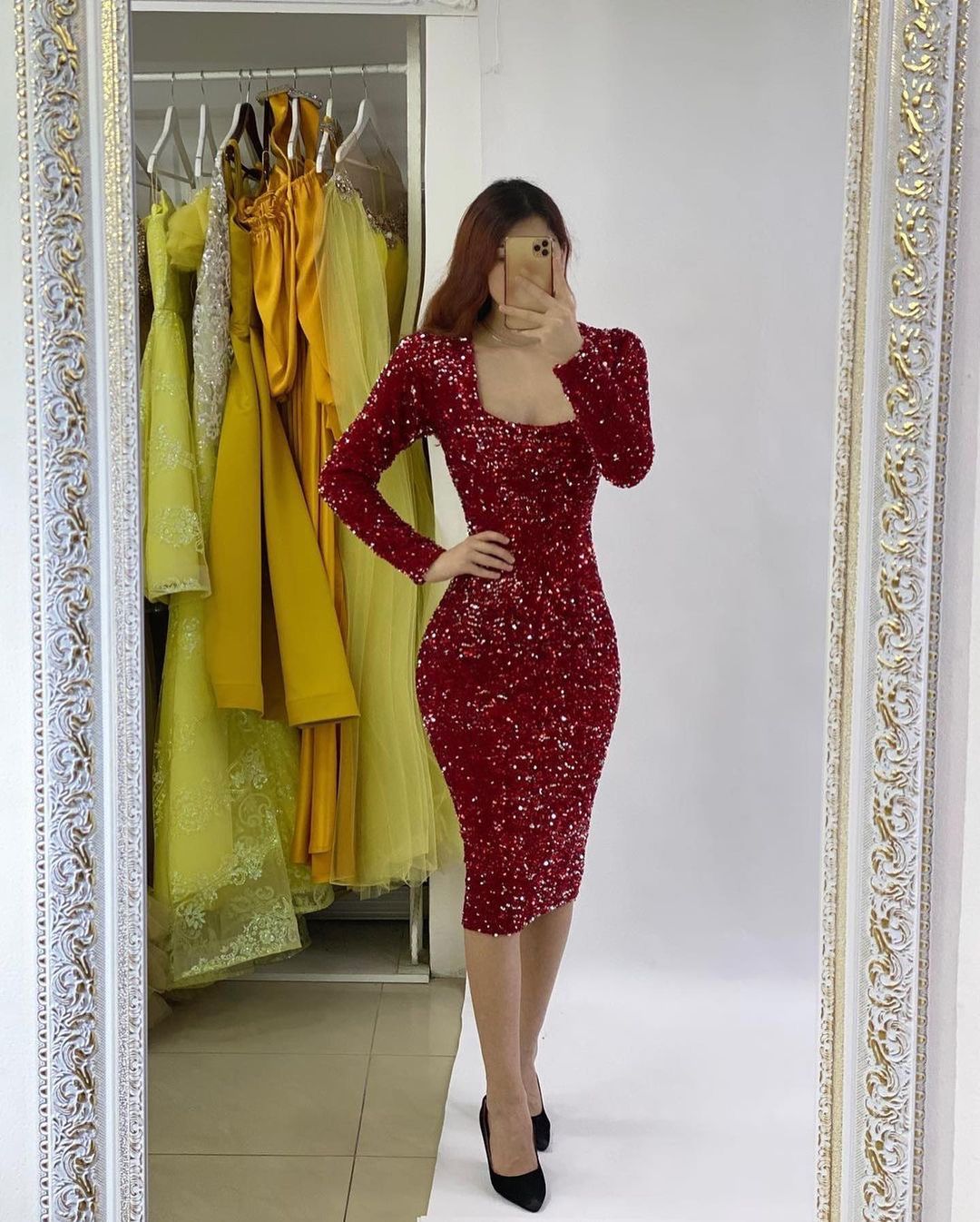 Glitter Mermaid Prom Dresses Luxury Sequined Long Sleeve Evening Gowns Tea Length Party Club Wear robe de soiree