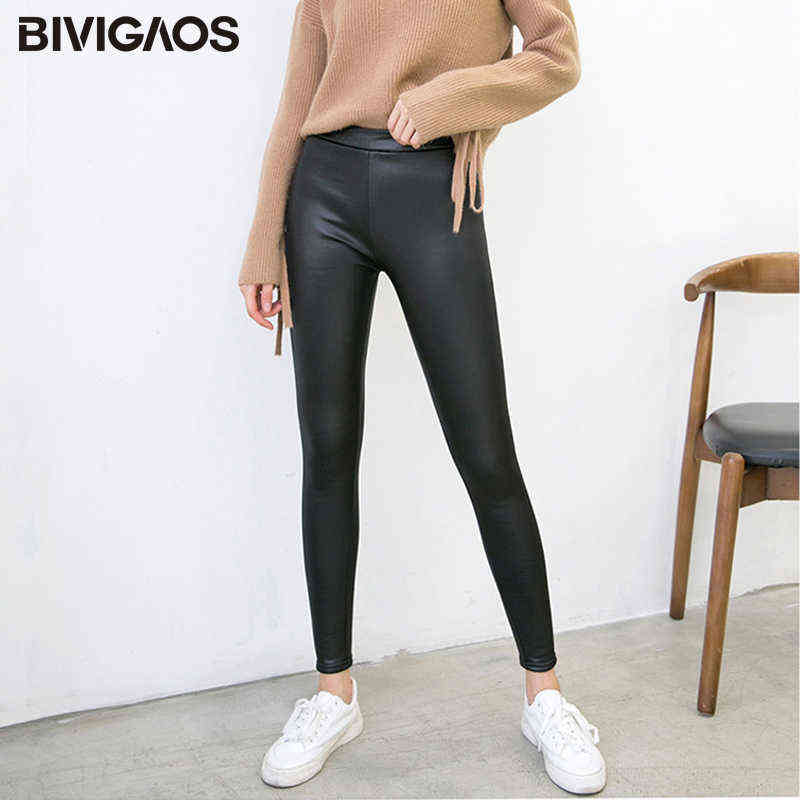 BIVIGAOS Women's Autumn Winter Warm Leggings Black Stretch Faux Leather Velvet Pants Thick 6XL Punk 211204